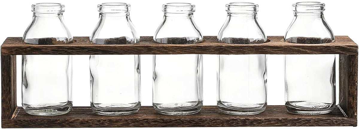 WHOLE HOUSEWARES | Glass Bud Bottles Vase Set with Wood Crate Stand (13.1X2.8X4.5in